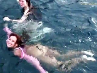 3 čudovito dekleta plavati in imajo zabavno v na morje, xxx film cb